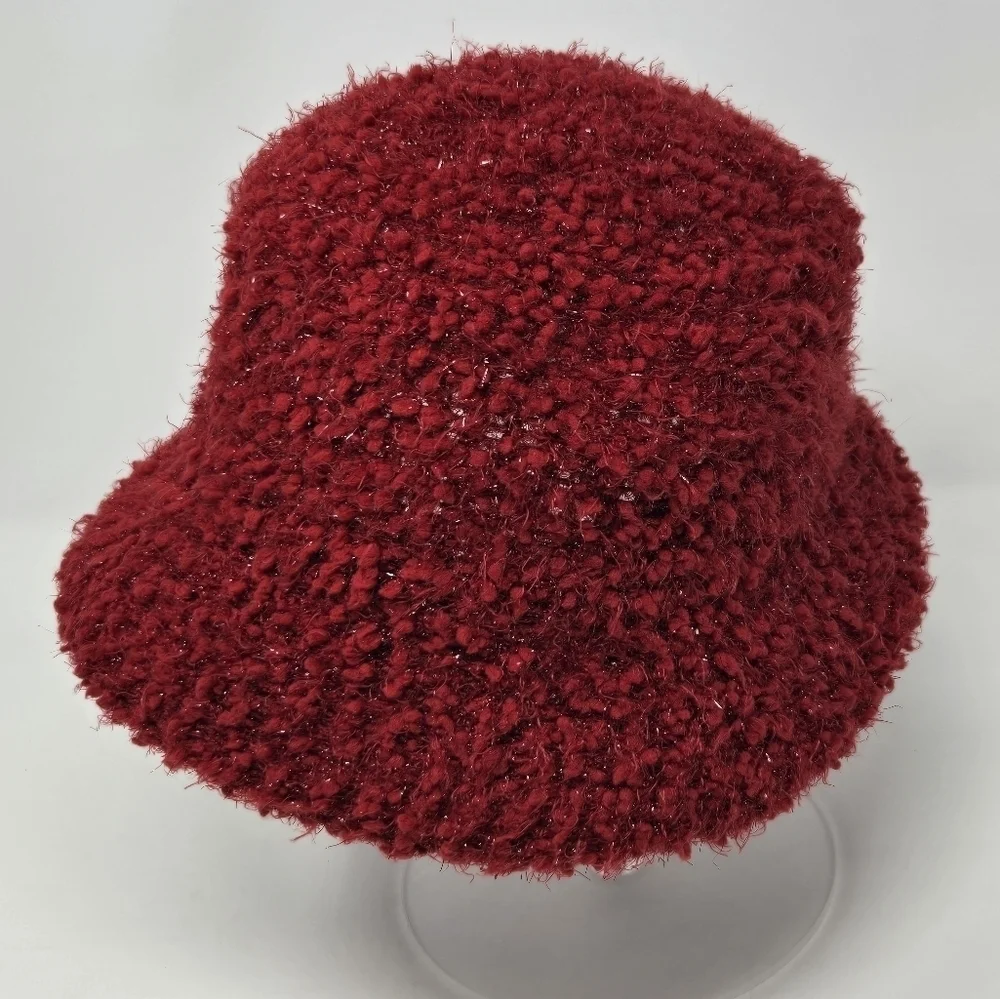 VINTAGE CEJON DARK RED BOUCLE METALLIC SPARKLE BUCKET HAT WOMEN OS COZY FESTIVE